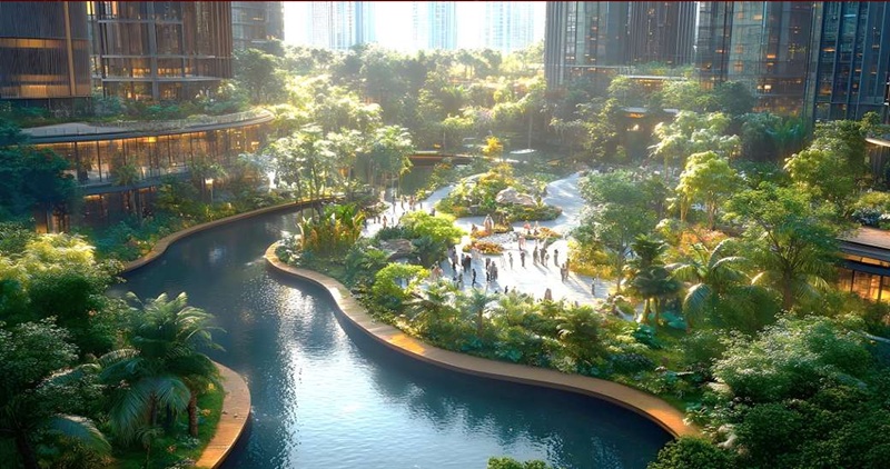 Khu Phúc Thủy với điểm nhấn là bể bơi lớn và dòng chảy liên kết xuyên suốt 4 khu vườn