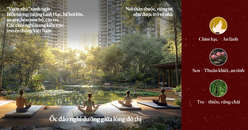 Vườn Phúc Ninh tái hiện một ốc đảo nghỉ dưỡng đúng nghĩa, nổi bật với tượng Linh Hạc, ao sen, hòn non bộ, cây tre và những chòi nghỉ kiến trúc truyền thống Việt