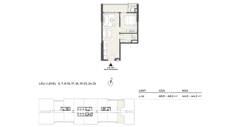 Căn hộ 1 phòng ngủ Lumière Midtown được thiết kế với diện tích tiêu chuẩn