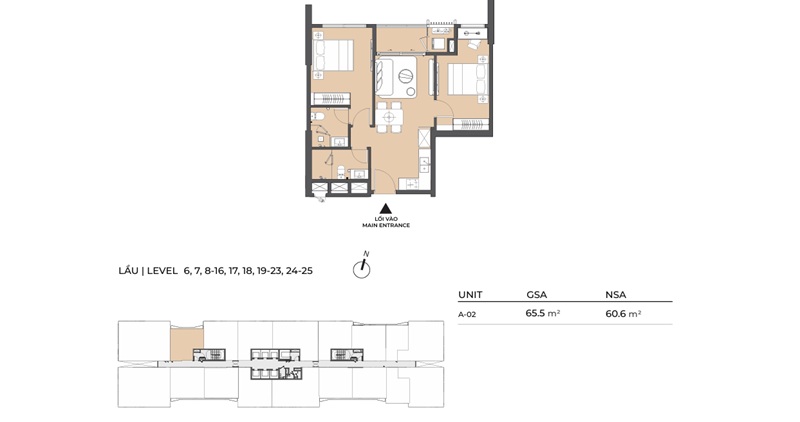 Mặt bằng điển hình căn hộ 2 phòng ngủ Lumière Midtown