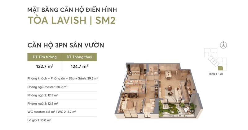 Mặt bằng căn hộ 3PN sân vườn của tòa Lavish